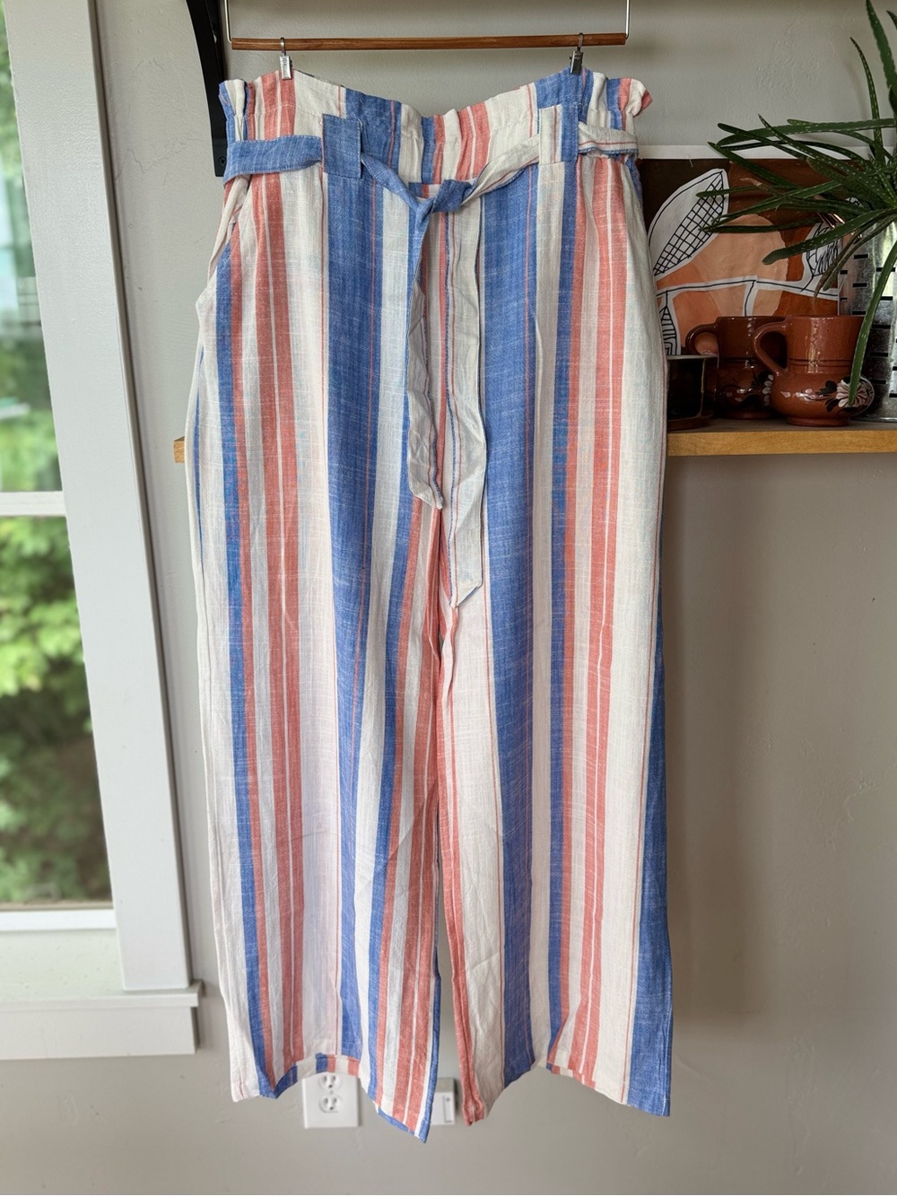 Indero Striped Wide Leg Linen Viscose Pants Blue Coral White Sz XL